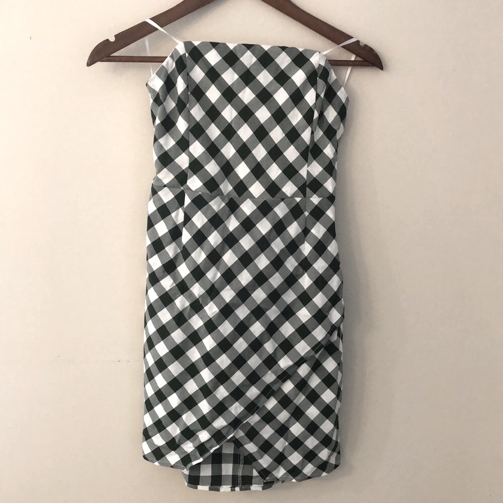 Style Rack Green & White checkered strapless mini dress lined front Slit SZ LG